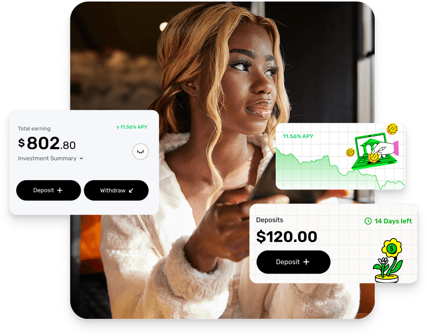 Person checking investment growth in the Seevcash app on a phone.
